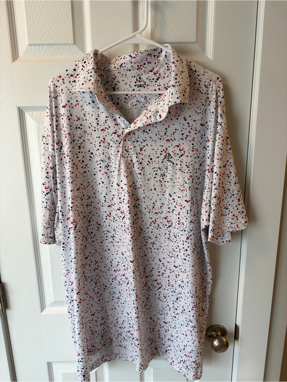 Rhoback White Polo with Red and Black Speckle Print